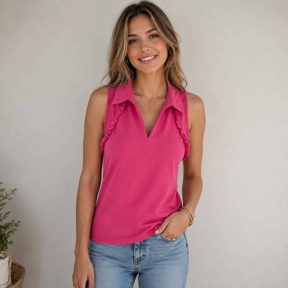 Aryeh Womens Hot Pink Sleeveless Ruffle Trim V-Neck Polo Top XL